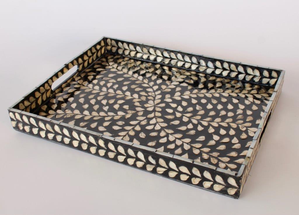 Set Of 3 Black & Silver Rectangular Capiz Trays